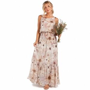Le Ragazze Italian Silk Blend Maxi Dress XL Cream Floral Cottagecore Boho Tiered